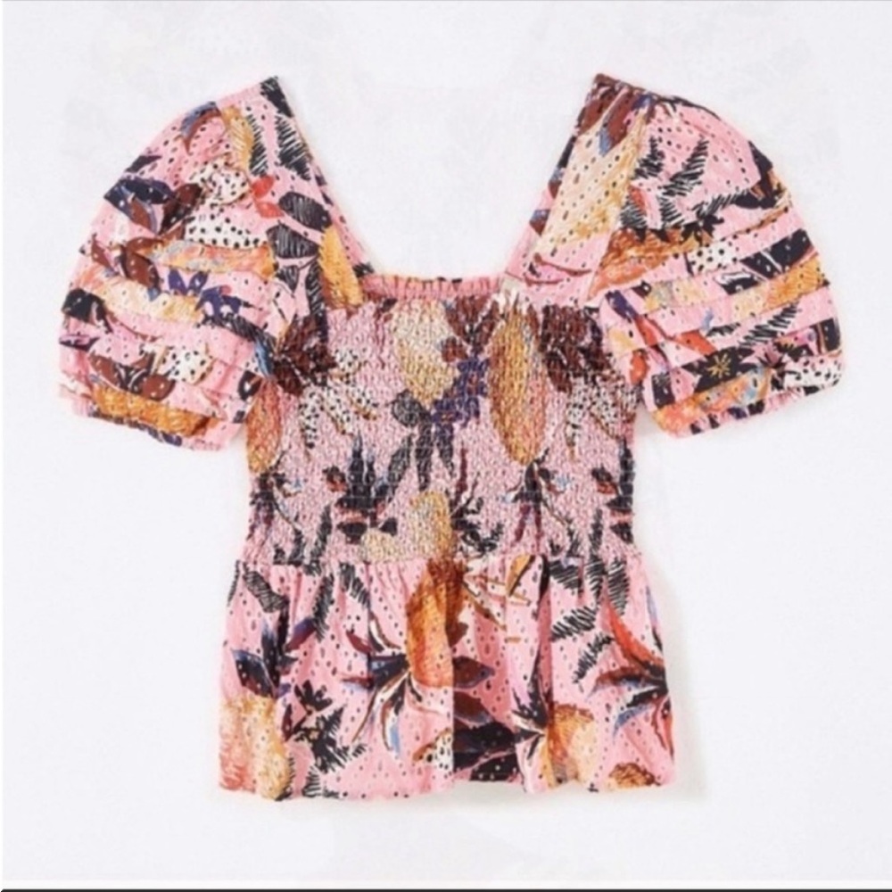 Farm Rio Pink Pineapple Eyelet Smocked Blouse